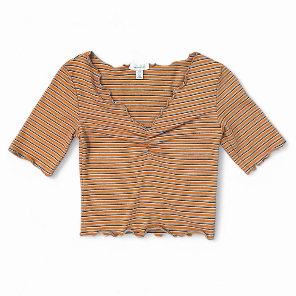 Topshop Orange Striped Top with Ruched V Neck